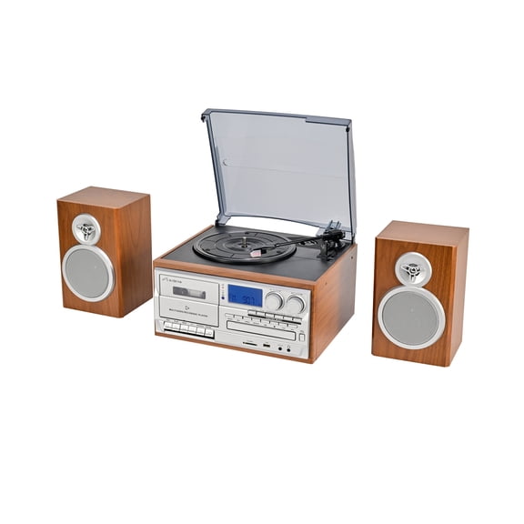 Victor RWRP-4000 Wells 8-in-1 Turntable Music Center with AudioStream�, 3-Speed Vinyl Player, CD & Cassette Recorder, Bluetooth 5.0 In/Out, USB/SD Recording, AM/FM Radio, 20W Speakers