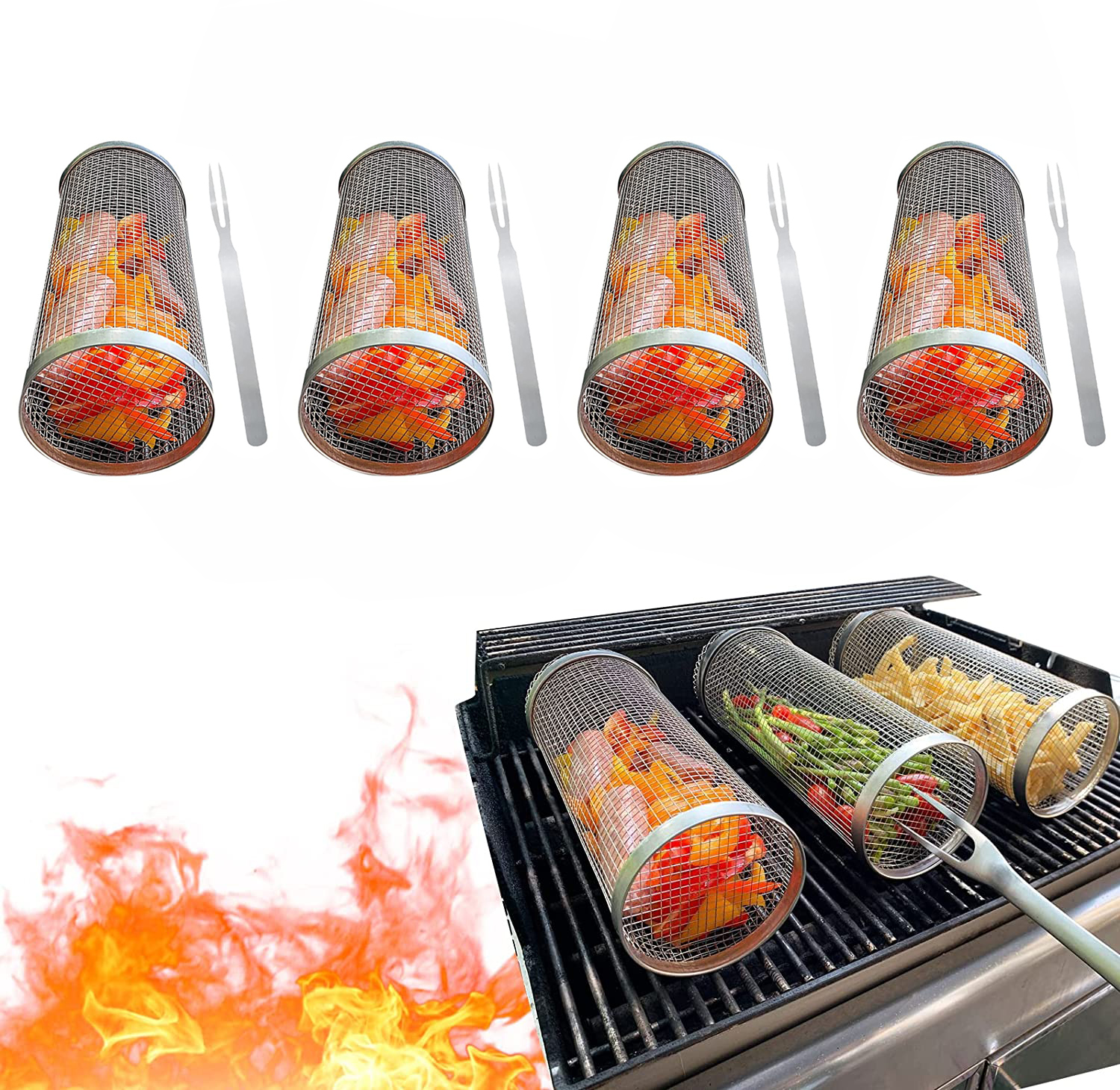 Rolling Grilling Basket, Stainless Steel BBQ Accessories for Outdoor