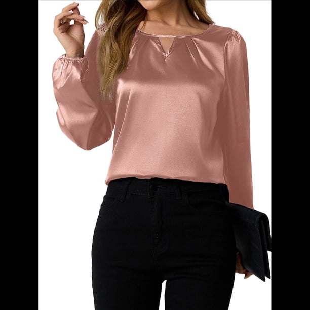 Camisa Informal de Satén de Larga para Mujer, Elegante Blusa de Trabajo, Atuendo Formal de Otoño para la Oficina Rosa S