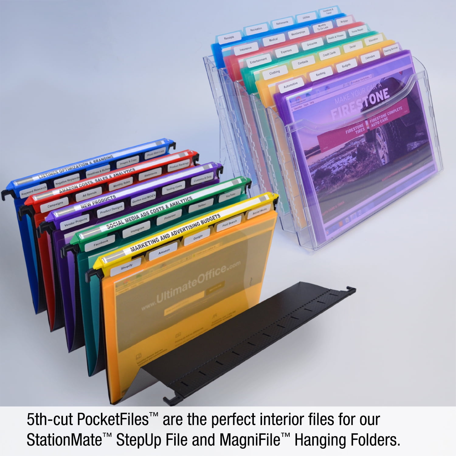 Ultimate Office PocketFile™ Clear Poly Document Folder Project Pockets, 5th-Cut, Letter Size, in 5 Assorted Colors, Set of 100