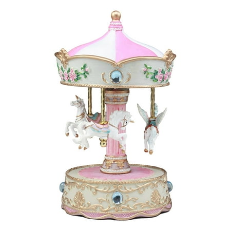 Ebros Carnival Merry Go Round Unicorns And Pegasus Horse Musical Carousel Statue Playing "Toyland" Tune 8.25"Tall Clockwork Mechanism Mythical Fantasy Home Decor