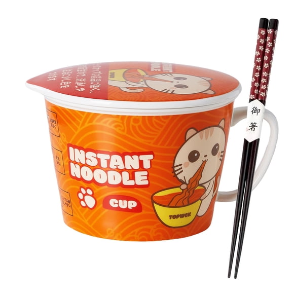 Cuenco de cerámica para ramen TOPWCK de 1 litro con tapa, apto para microondas, apto para gatos