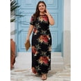 thumbnail image 3 of SHOWMALL Women's Plus Size Short Sleeve Maxi Dress, Elegant Floral Black 5X Side Slit Rounded Hem Long T-Shirt Dress with Pockets for Vacation & Casual Wear, 3 of 7
