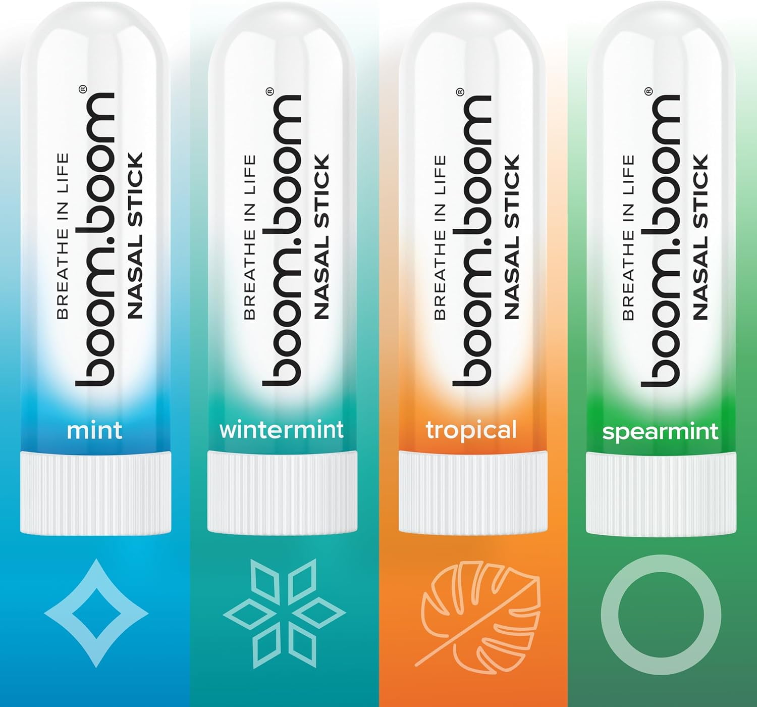 BoomBoom Nasal Stick (4 Pack) | Enhances Breathing + Boosts Focus | Provides Fresh Cooling Sensation | Aromatherapy Inhaler Made with Essential Oils + Menthol (Mint, Wintermint, Tropical, Spearmint)