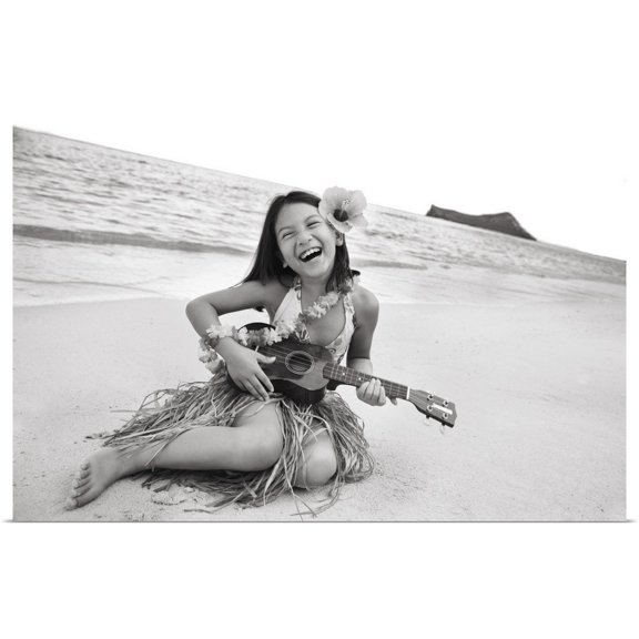Great BIG Canvas | "Hawaii, Oahu, Young Girl Smiling And Playing Ukulele On The Beach In A Hula Skirt" Art Print - 24x16