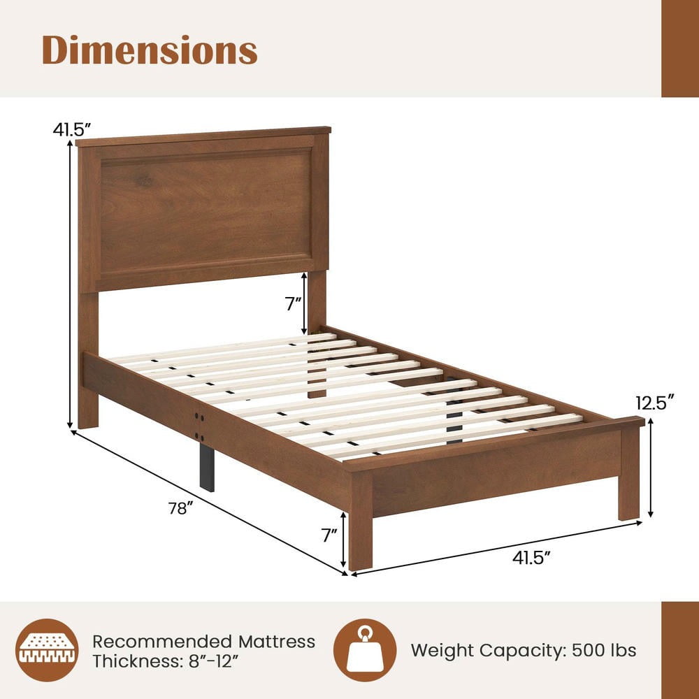 Barara King Twin Size Wooden Bedroom Bed Frame with Headboard and Slat Support, Bed Platform Frame for Apartment, Bedroom, Walnut