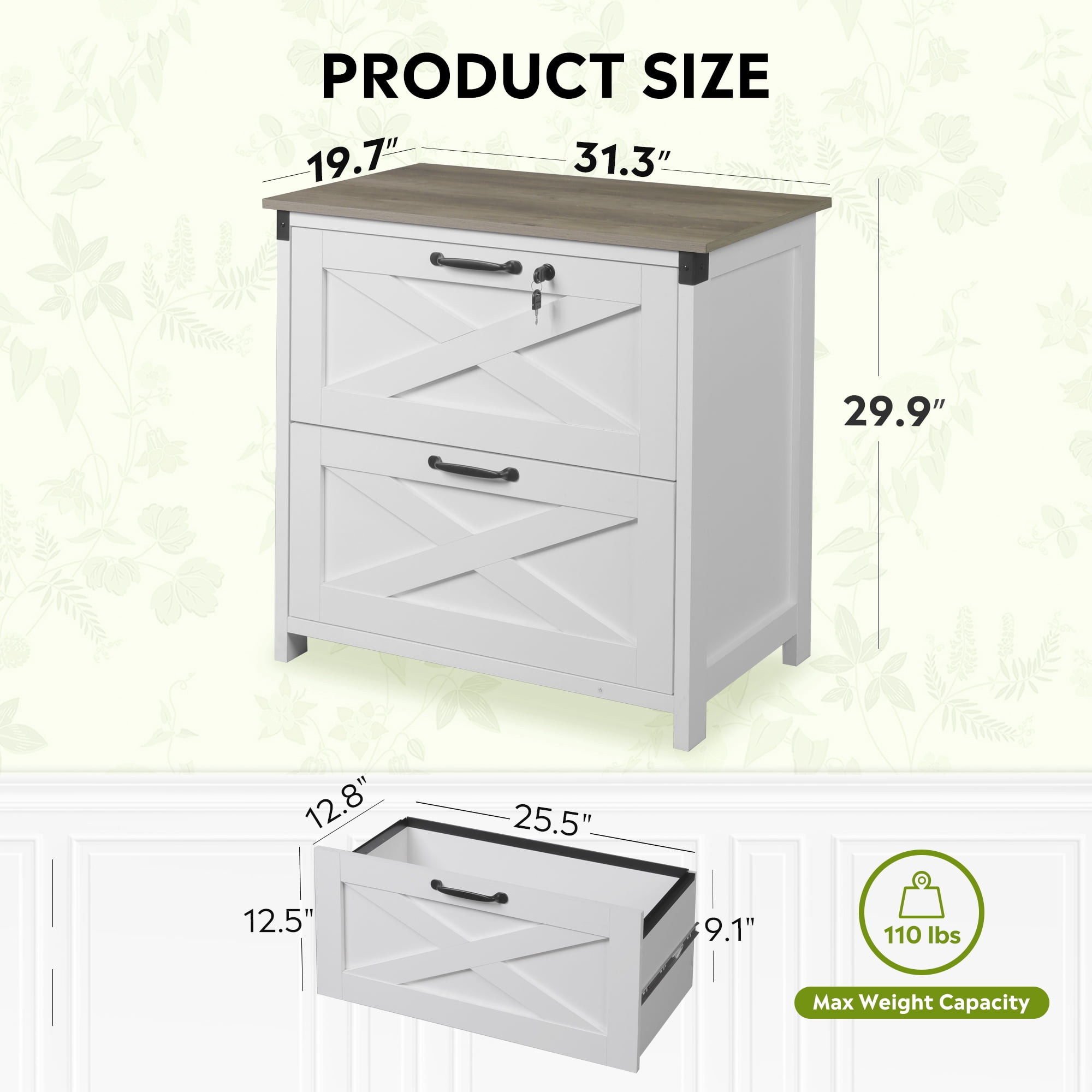 GALAXHERO 2 Drawer Lateral File Cabinet with Lock, Farmhouse Wood Filing Cabinet for Home Office, Fits Letter/Legal/A4, Printer Stand, White