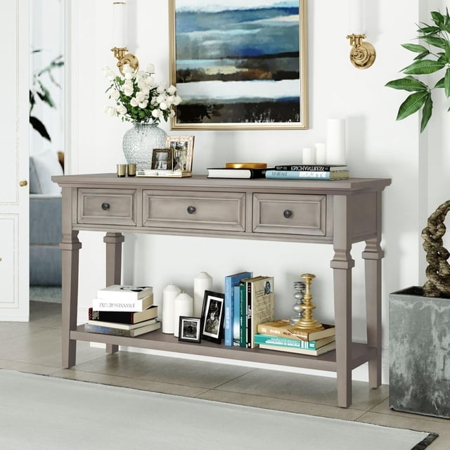 Table Console Rétro Classique avec 3 Tiroirs et Tablette Ouverte, Meuble d'Entrée Couloir Salon