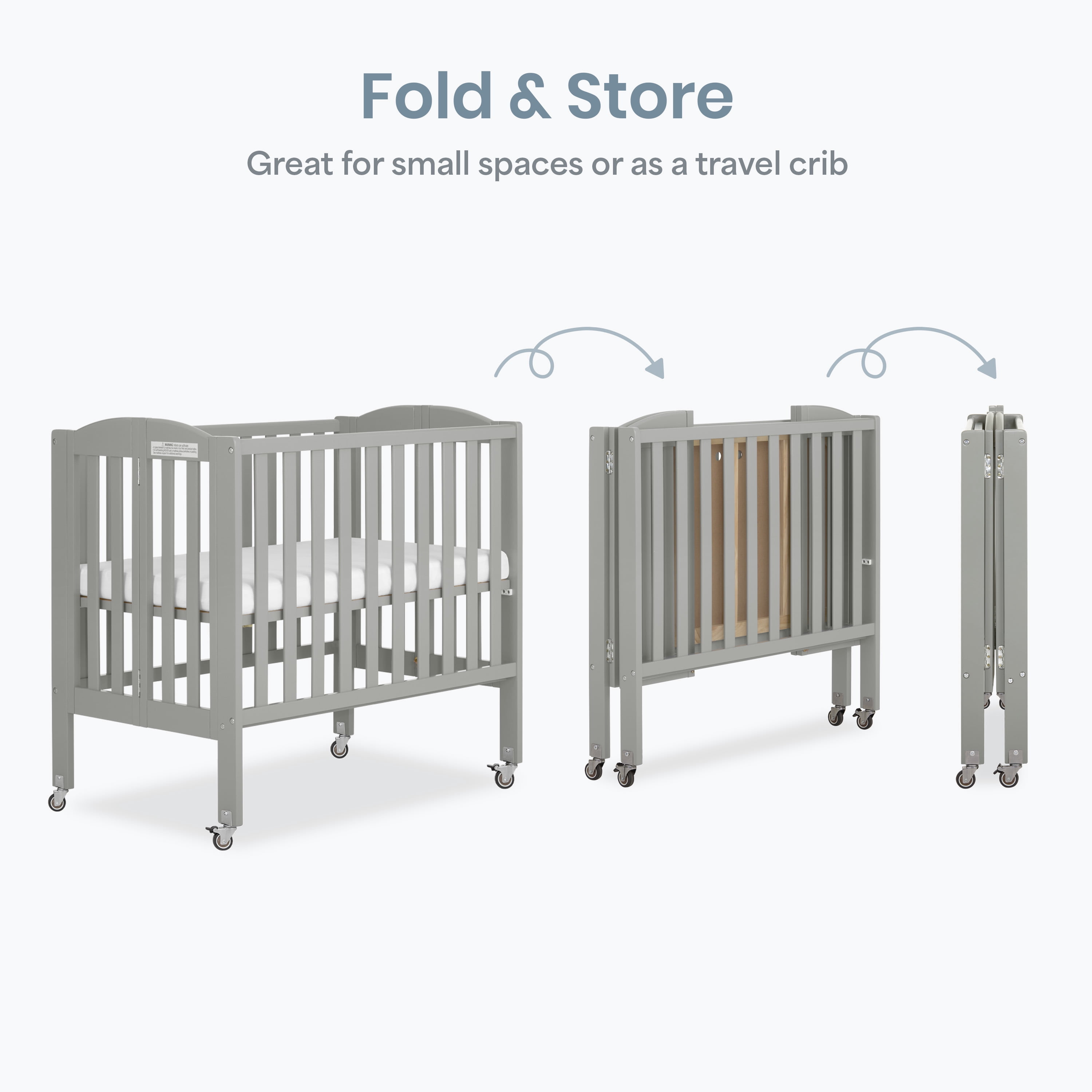 Dream On Me 2‑in‑1 Folding Portable Mini Crib for Babies – Compact Size, Mattress Pad Included,Cool Grey