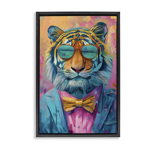Stupell Industries Smiling Snazzy Tiger Animals Painting Black Floater Framed Canvas Art Print Wall Art, 17 x 25