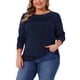 thumbnail image 4 of Blusa de mujer de talla grande Agnes Orinda con detalles de pliegues frontales, cuello redondo, manga larga, camiseta básica casual 1X azul marino, 4 of 6
