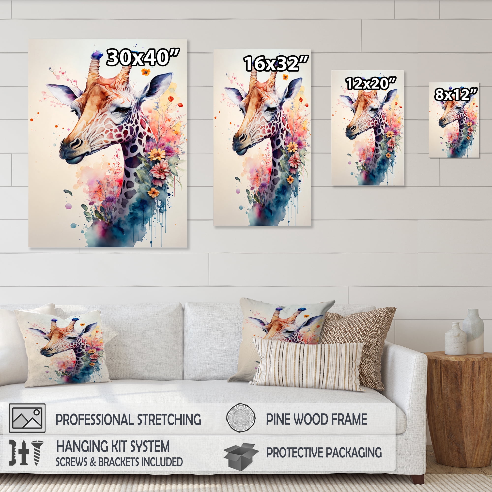 Designart Cute Giraffe Floral Art II Canvas Wall Art