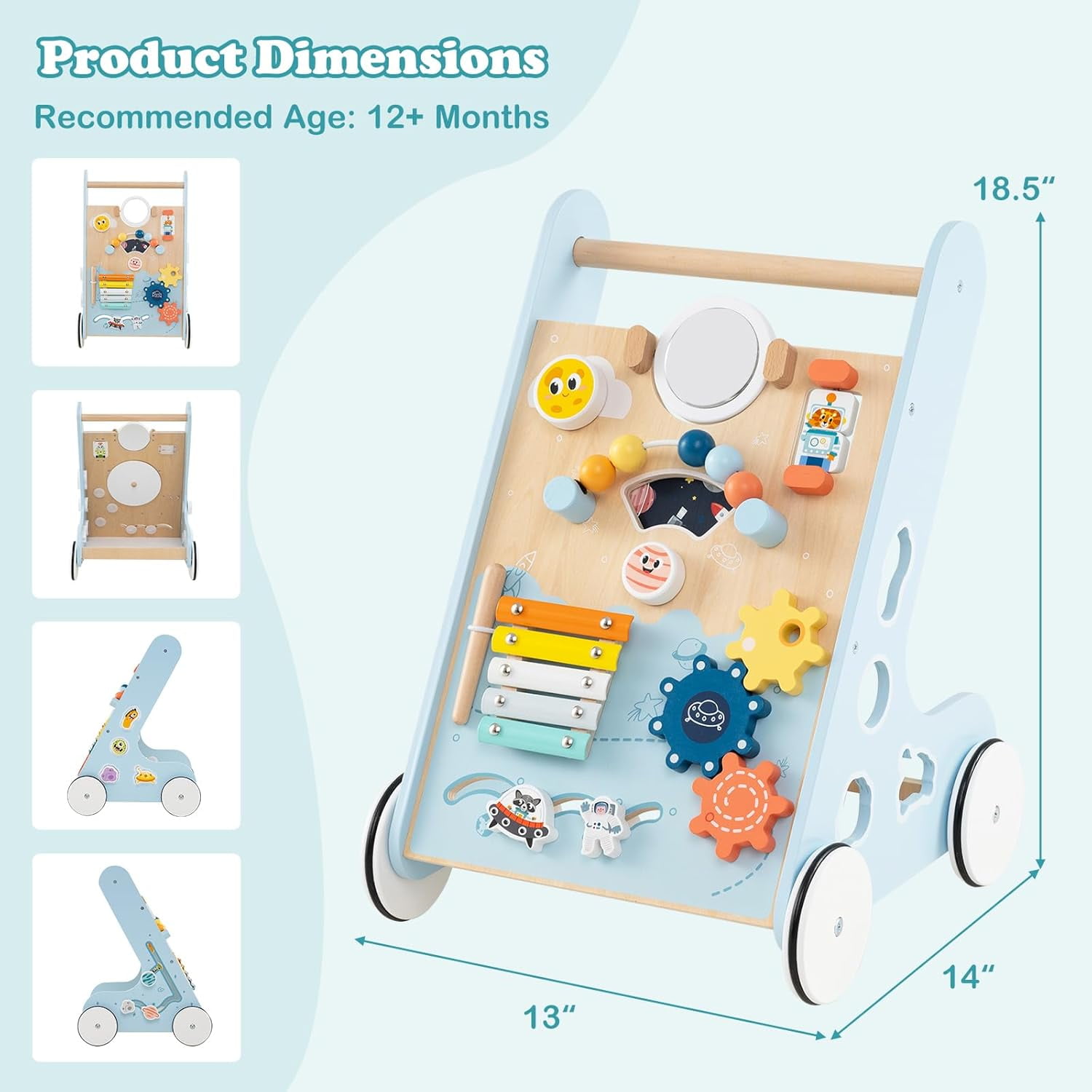 INFANS Wooden Baby Walker, Montessori Walker with Multiple Activity Toys, Storage, Push Walker Toys for Infant Learning to Walk, Sit to Stand Walker for Boys Girls