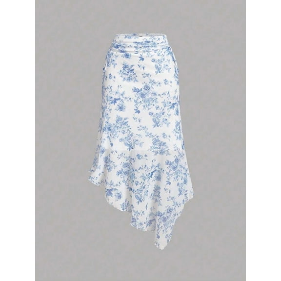 Blue And White Vintage Floral Print Asymmetrical Hem Ruched Waist Flowy Skirt For Women