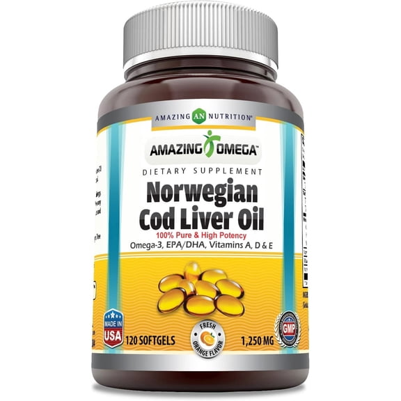 Amazing Omega Norwegian Cod Liver Oil 1250 Mg Per Serving 120 Softgels Supplement | Orange Flavor | Omega-3, EPA, DHA, Vitamin A, Vitamin D & Vitamin E