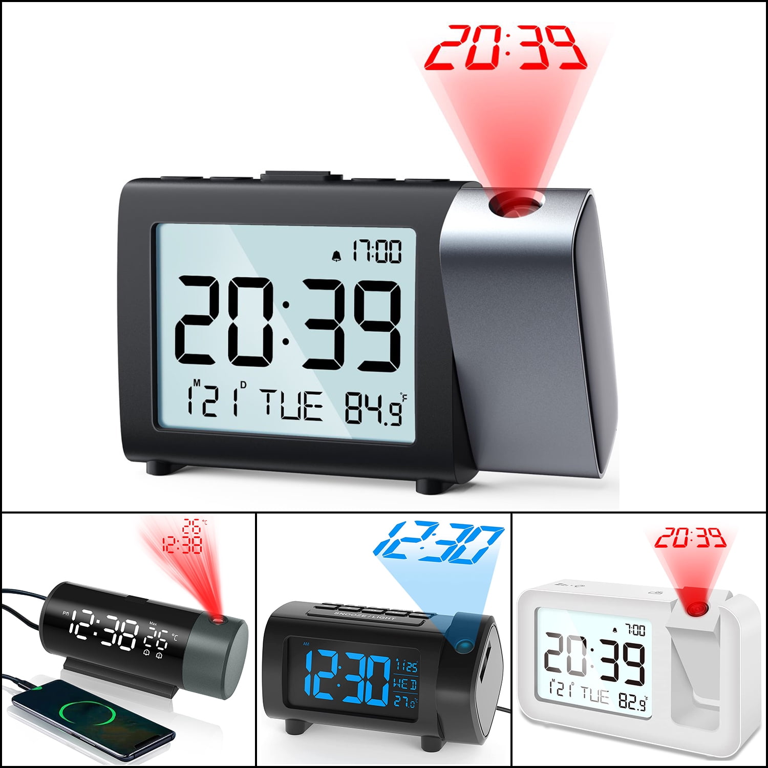 VOCOO Digital Projection Alarm Clock, Black LCD Desk Clock with Ceiling and Wall Projection, Battery Operated