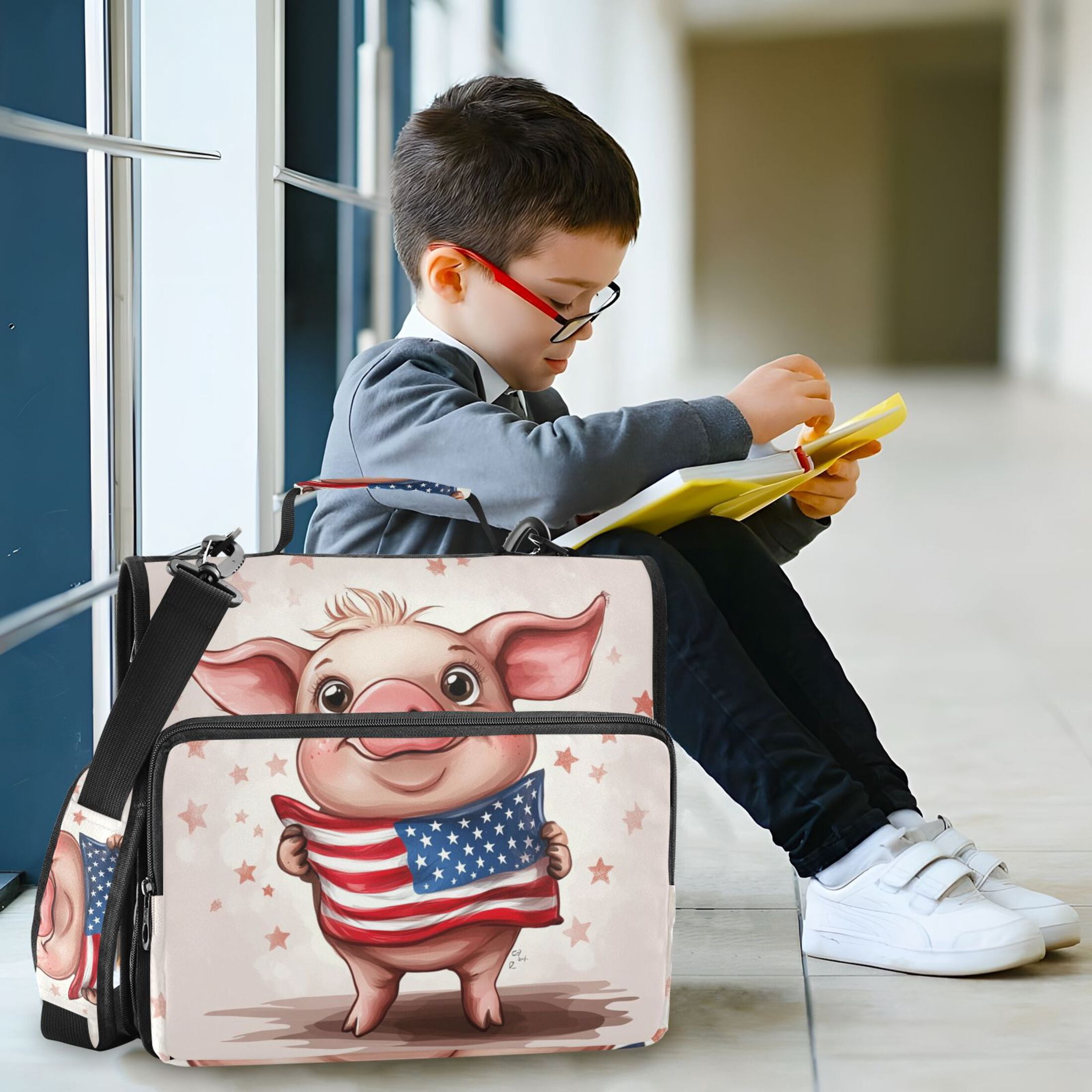 3 Ring Zipper Binder with Shoulder Strap Waterproof Trapper Keeper 2 Inch D-Ring 500 Sheets Capacity Cartoon Pig with Usa Flag