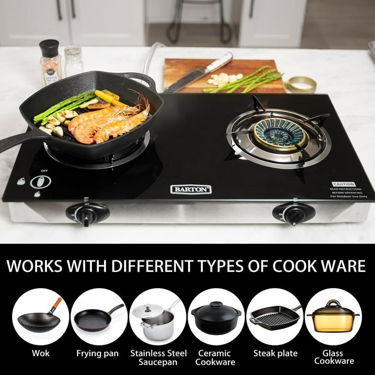 Propane Cooktop Deluxe Propane Gas Range 2 Burner Stove Tempered Glass Cooktop Auto Ignition 2-in-1 Gas Camping Stove Portable Propane Grill/stove Burner - Foto 5