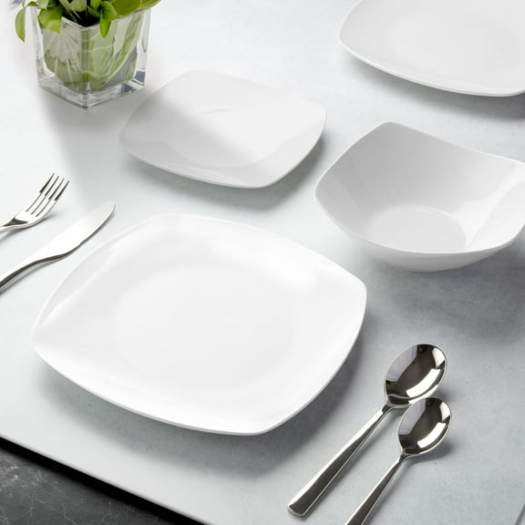 Luna Plates and Bowls Sets, 16 Piece Modern Porcelain Dish Set for 4, Chip and Scratch Resistant Square Dinnerware Set, Microwave and Dishwasher Safe,  White