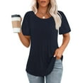 thumbnail image 3 of Otntypg Womens T Shirts Summer Short Sleeve Pleated Front Tops Dressy Casual Scooped Neck Tunic Blouses for Leggings Navy XXL, 3 of 9