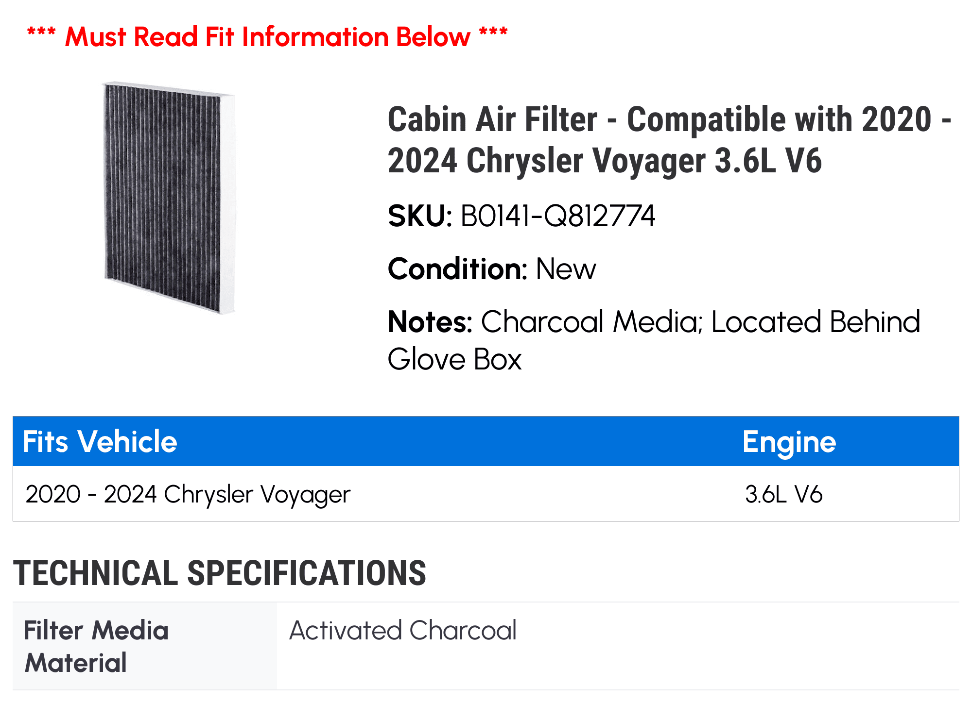 Cabin Air Filter - Compatible with 2020 - 2024 Chrysler Voyager 3.6L V6 2021 2022 2023