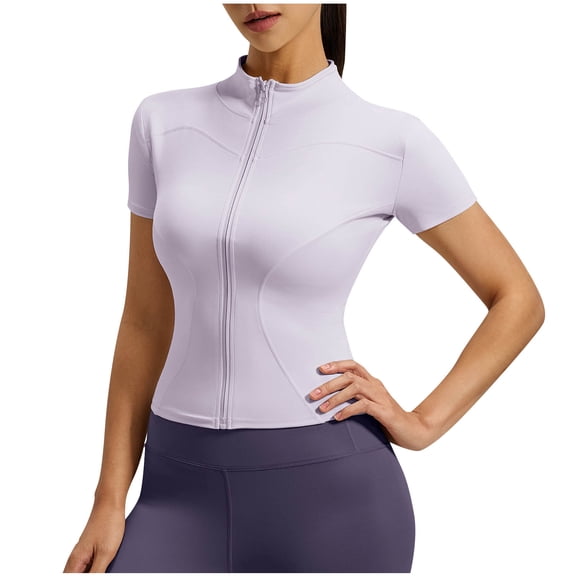 Ruimatai Women's Zip Up Stand Collar Short Sleeve Fitted Workout Tops for Women Yoga Athletic Wear