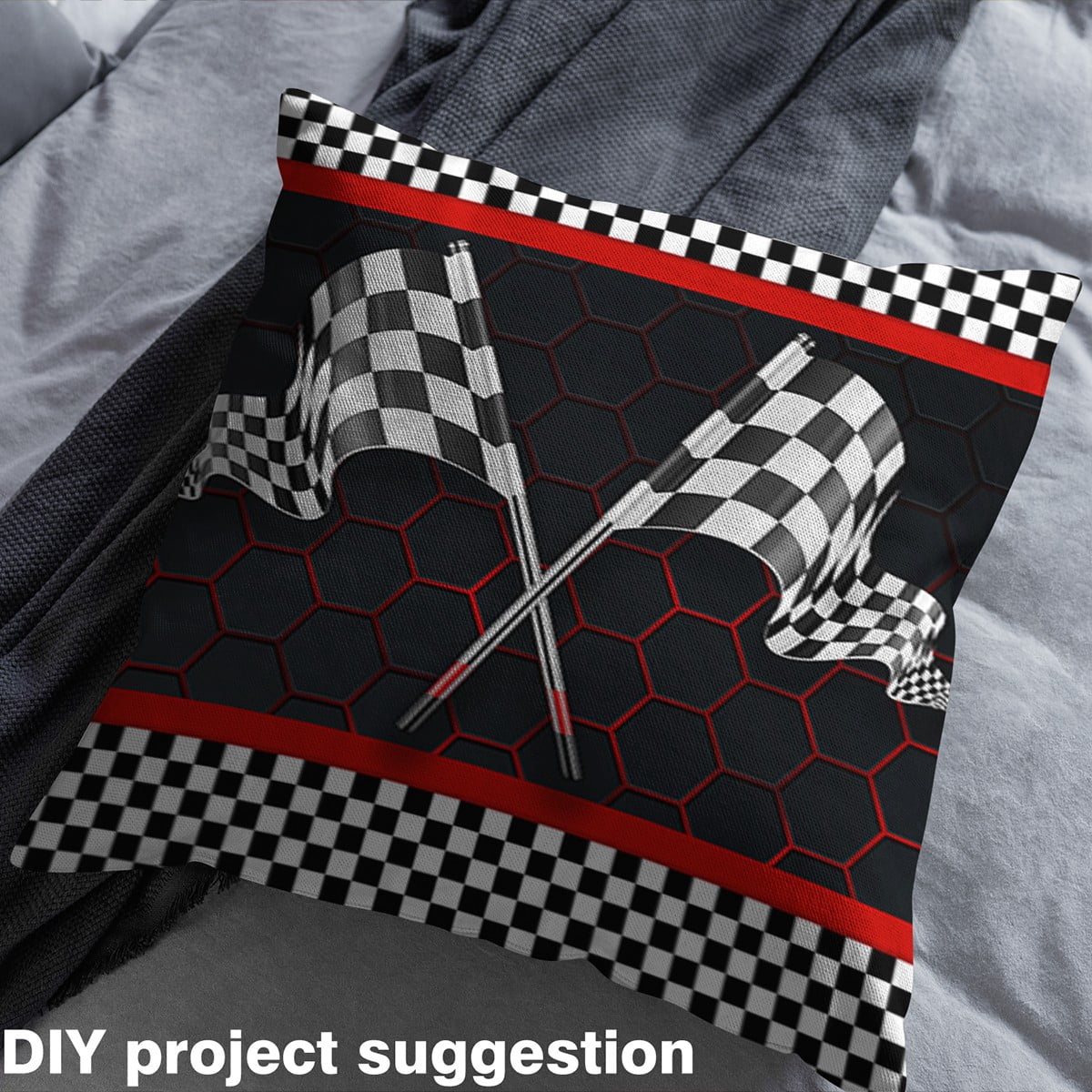 Manfei Black White Racing Flag Fabric by the Yard (2 Yards), Neon Red Honeycomb Decorative Fabric by the Yard, Race Car Theme Sewing & Crafting Fabric