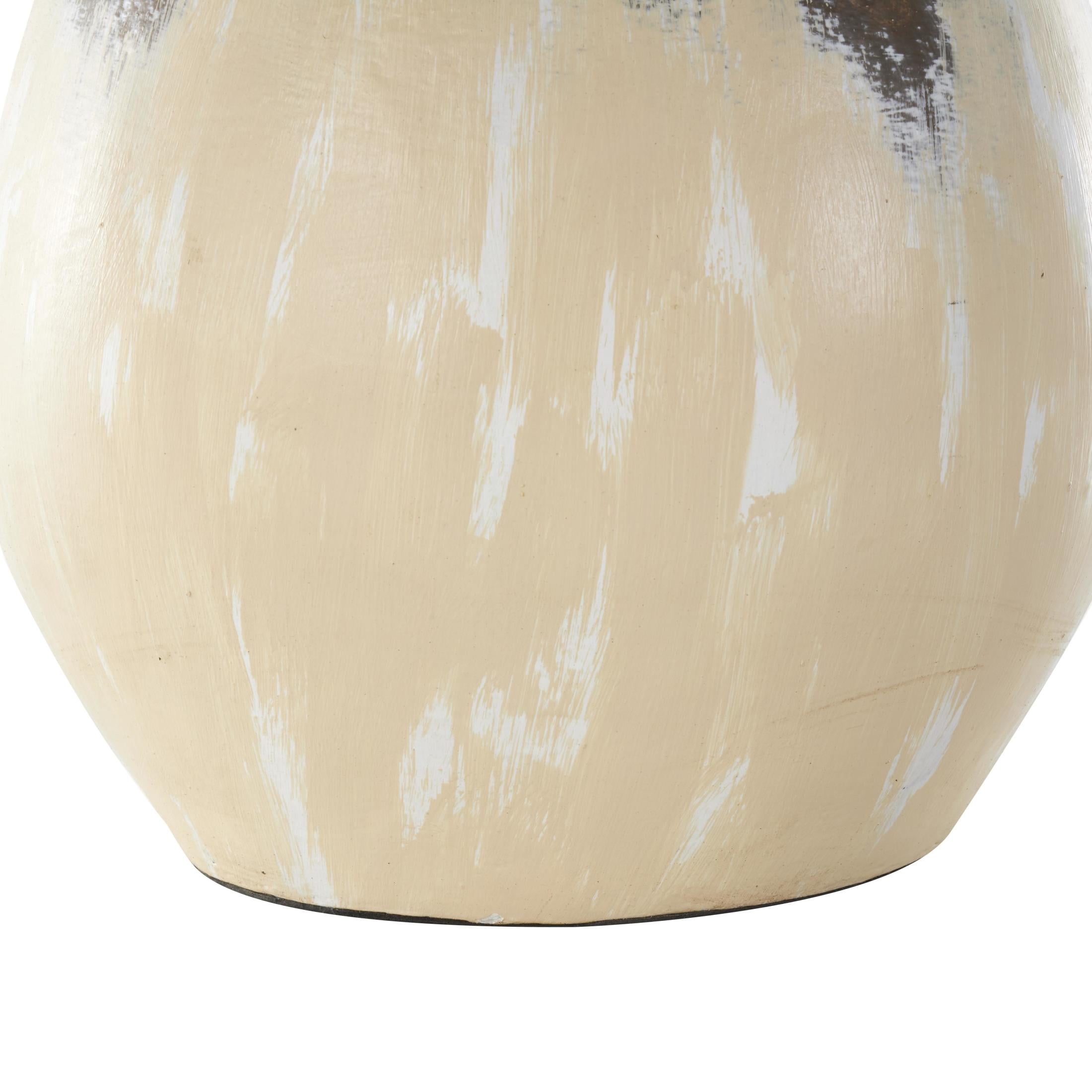 DecMode 17" Antique Style Pot Cream Ceramic Vase with Curved Handle