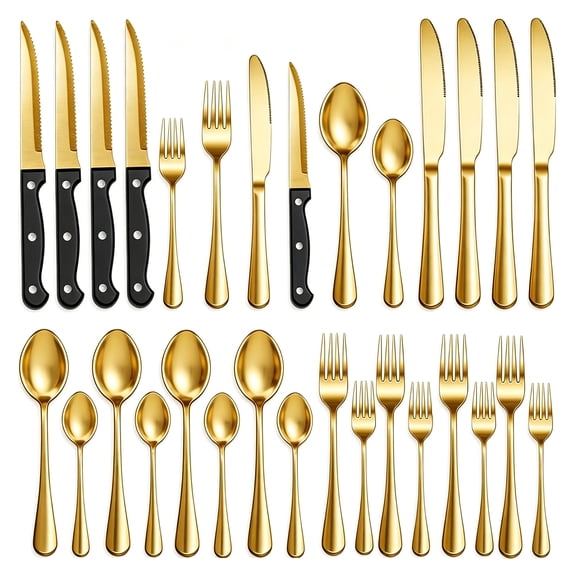 24 Piece Gold Silverware Set, Golden Flatware Sets with Steak Knives Stainless Steel Cutlery Set for 4 Person for Home, Party, Restaurant