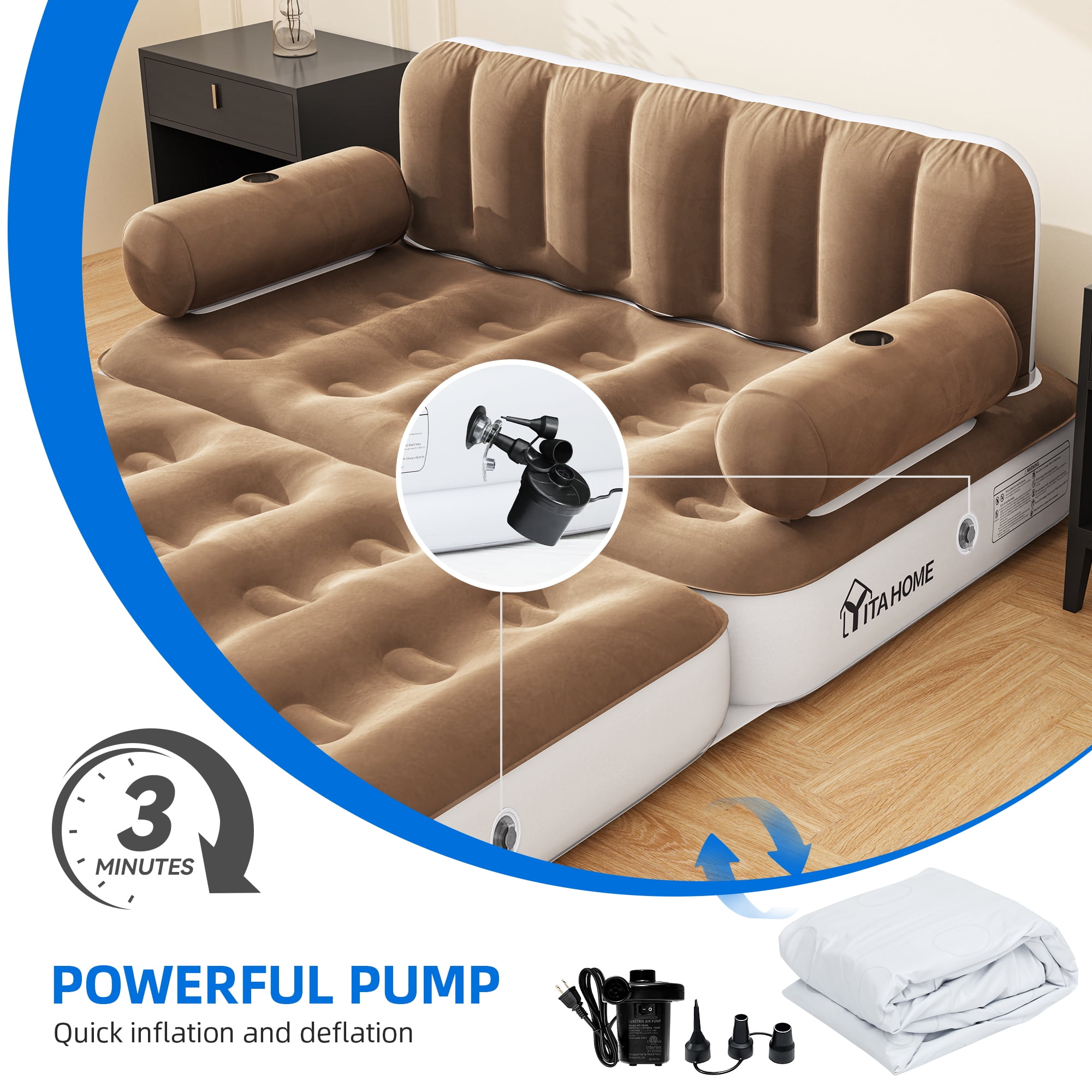 Dextrus Queen Size Inflatable Air Mattress with Built-in Pump, White Frame & Khaki Top, Includes Repair Kit & Storage Bag, Supports Inflation/Deflation