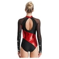thumbnail image 2 of iiniim Women's Color Block Shiny Rhinestone Gymnastics Unitards Long Sleeve Figure Skating Jumpsuit Black&Red L, 2 of 7