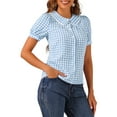 thumbnail image 4 of INSPIRE CHIC Women's Contrast Peter Pan Collar Blouse Puff Short Sleeve Plaid Shirt Top M Sky Blue, 4 of 5