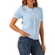 thumbnail image 4 of Blusa de manga corta con cuello Peter Pan en contraste para mujer Inspire Chic, top de cuadros, talla XS, azul cielo, 4 of 5