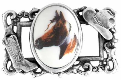 Sterling Silver Plated Cowboy Hat & Boot "Frame" & Paint Horse Oval Picture Pin by