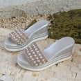 thumbnail image 4 of Womens Platform Wedge Sandals Glitter Pearl Sequin Band Wedges Heels Casual Slip on Dressy Shoes Summer Open Toe Slides Silver Size 8.5, 4 of 8