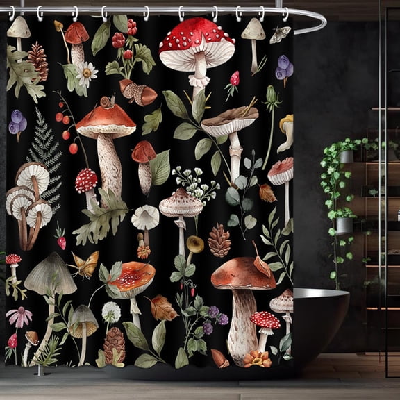 Mushroom Shower Curtain Boho Shower Curtain for Bathroom Vintage Aesthetic Black Shower Curtain Set Decor with 12 Hooks 72x72 Inches