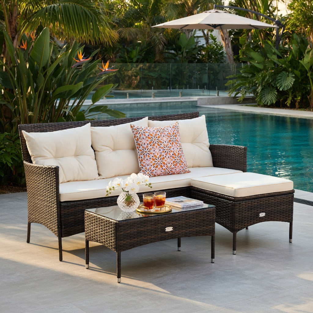 Hommoo 3-Piece Modern Patio Sectional Set with 5 Premium Cushions, All-Weather Rattan Sofa, Ottoman & Glass Coffee Table for Backyard, Poolside & Garden, White