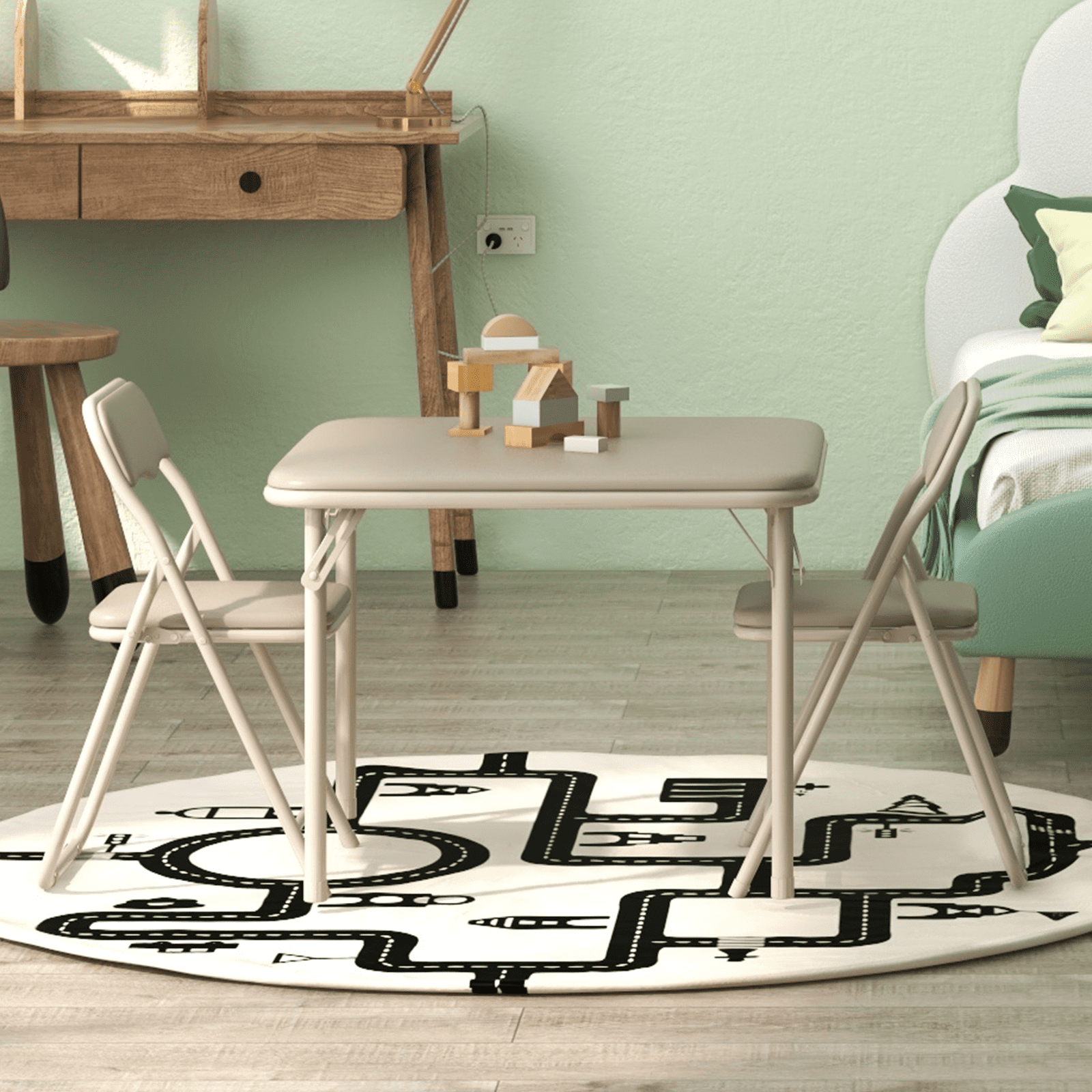 Rugerasy 3PC Folding Upholstered Table and Chair, Square Card Table and Chair Set with Pu Soft Cushion, Metal Frame Activity Table and Chairs Set for Daycare and Classroom,Beige
