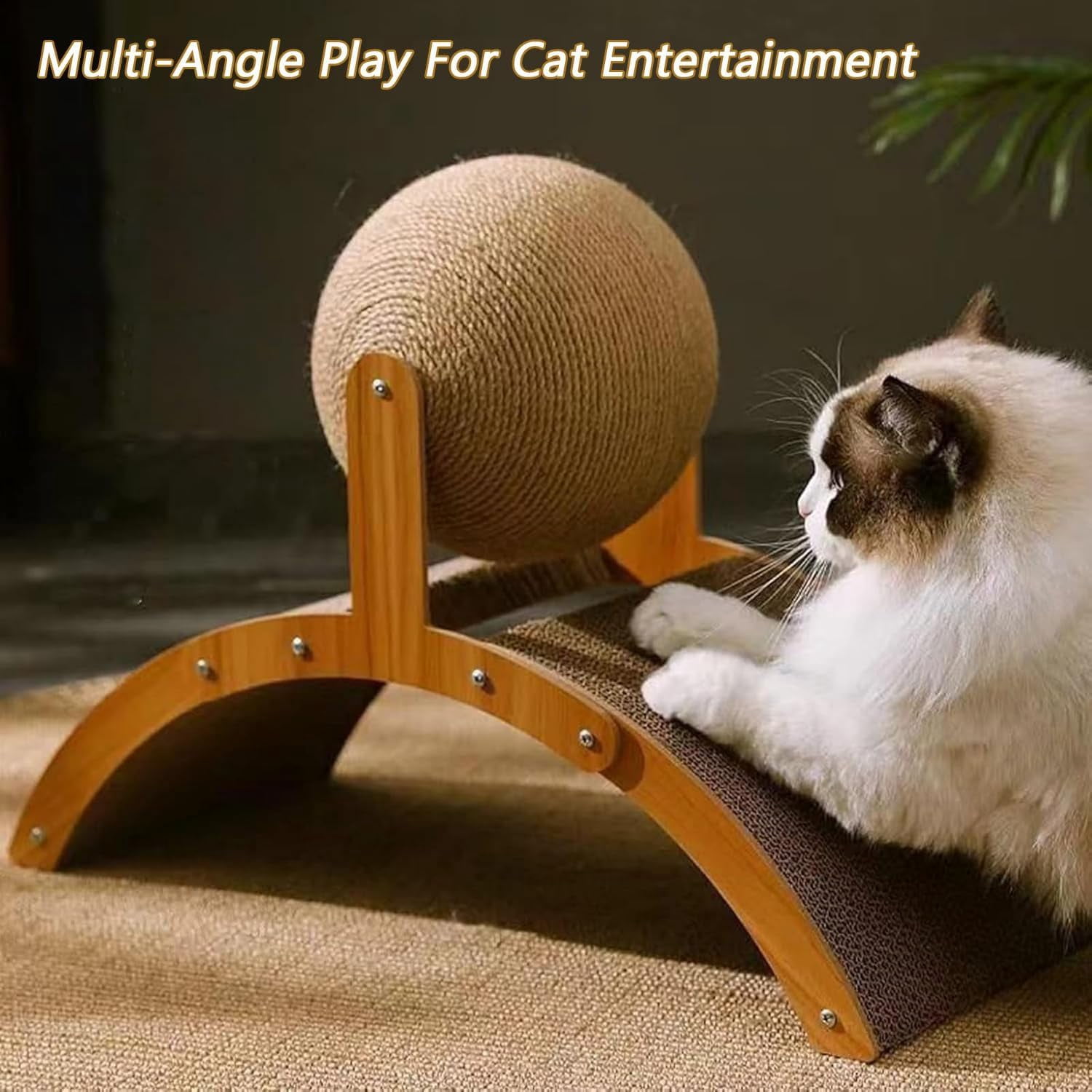 Cat Scratching Ball On Stand - Solid Wood Interactive Cat Scratcher, with Arch Bridge and 360° Rotating Natural Sisal Ball for Indoor Cat Kittens (Small)