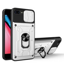 Compatible for iPhone 8 Plus / 7 Plus Hybrid Case with Camera Lens Slide Cover | Rotatable Ring Holder Kickstand | Impact-Resistant Car Mount Magnetic | Detachable Card Slot Protective Shell, White