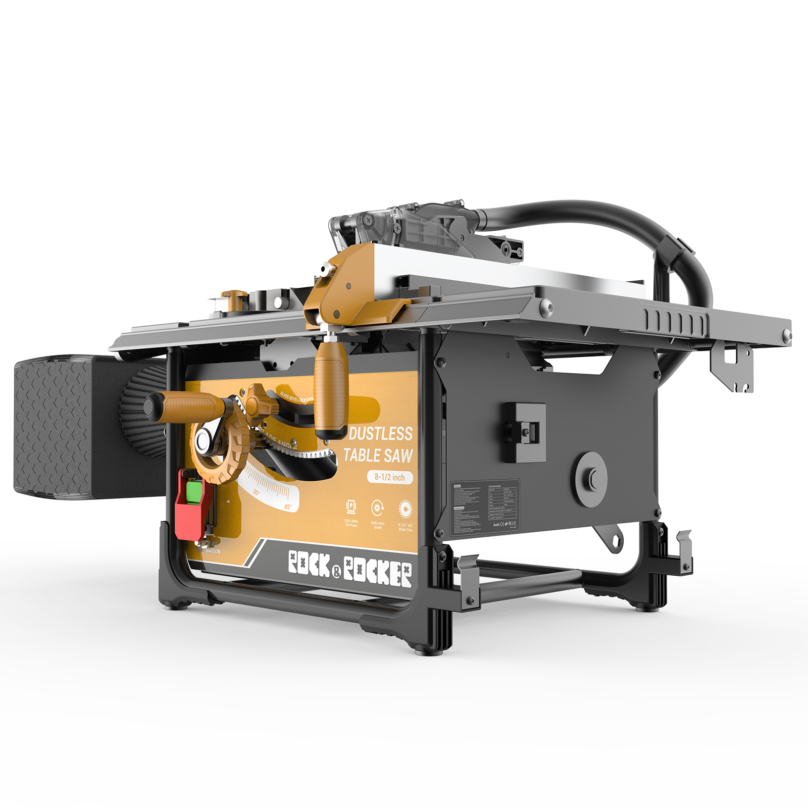 RockRocker DUST-FREE Table Saw 8.5 inch 60-Tooth Blade 15Amps 5000Rmps 98% Dust  Collection Compact and Portable