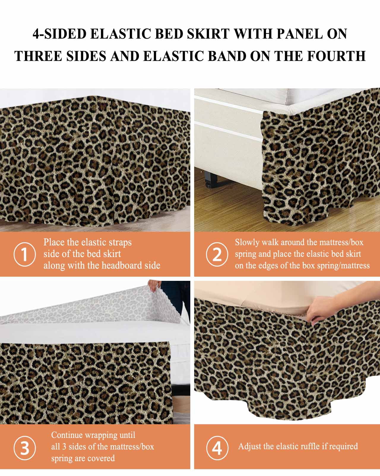 Classic Leopard Print Bed Skirt King Size 18 Inch Drop, Retro Brown Black Animal Fur Texture Adjustable Elastic Dust Ruffles Bedskirt for King Bed Wrap Around Pleated Mattress Frame Cover