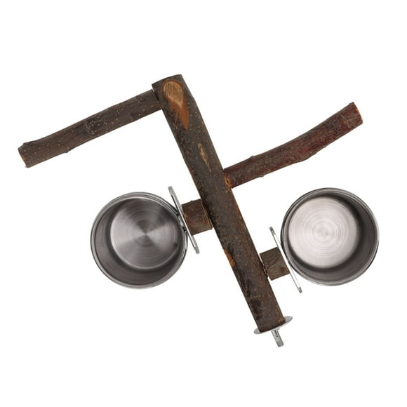 Perchoir en Bois pour Oiseaux avec Tasses d'Alimentation pour Oiseaux, Double Tasses d'Alimentation pour Oiseaux Bols d'Eau en Acier Inoxydable, Plat d'Eau et de Nourriture Perchoir Support Plateforme Mangeoire Cage Bol