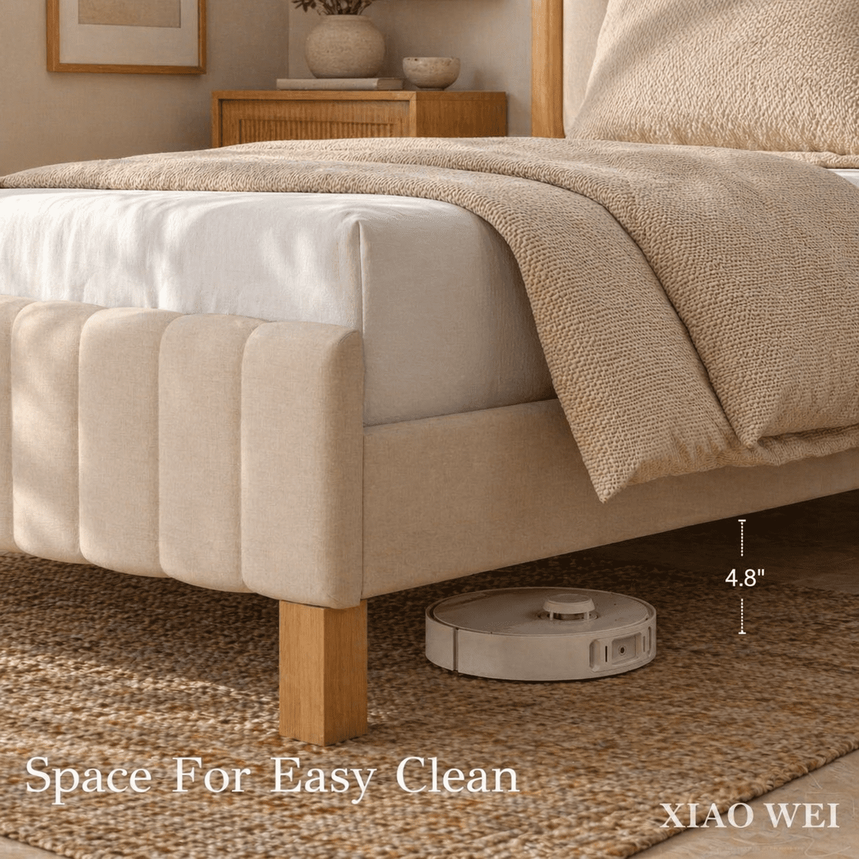 XIAO WEI California King Bed Frame with Upholstered Headboard, Solid Wood, Beige