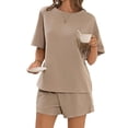 thumbnail image 4 of Short Sleeved 2 Pieces Waffle Knit Set Casual .loose Tops and Shorts Pants Lounge Sets, 4 of 6