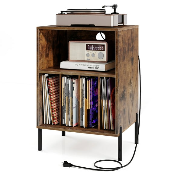 Gymax Record Player Stand w/Charging Station 5 Storage Compartments Anti-toppling Kits