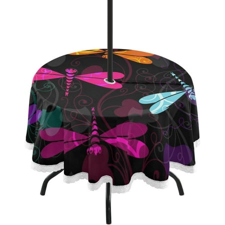 

Hidove Dragonfly Colorful Flower 60 Inch Round Tablecloth with Zipper Umbrella Hole Washable Spillproof Table Cloth Decorative for Picnic Camping Indoor and Outdoor