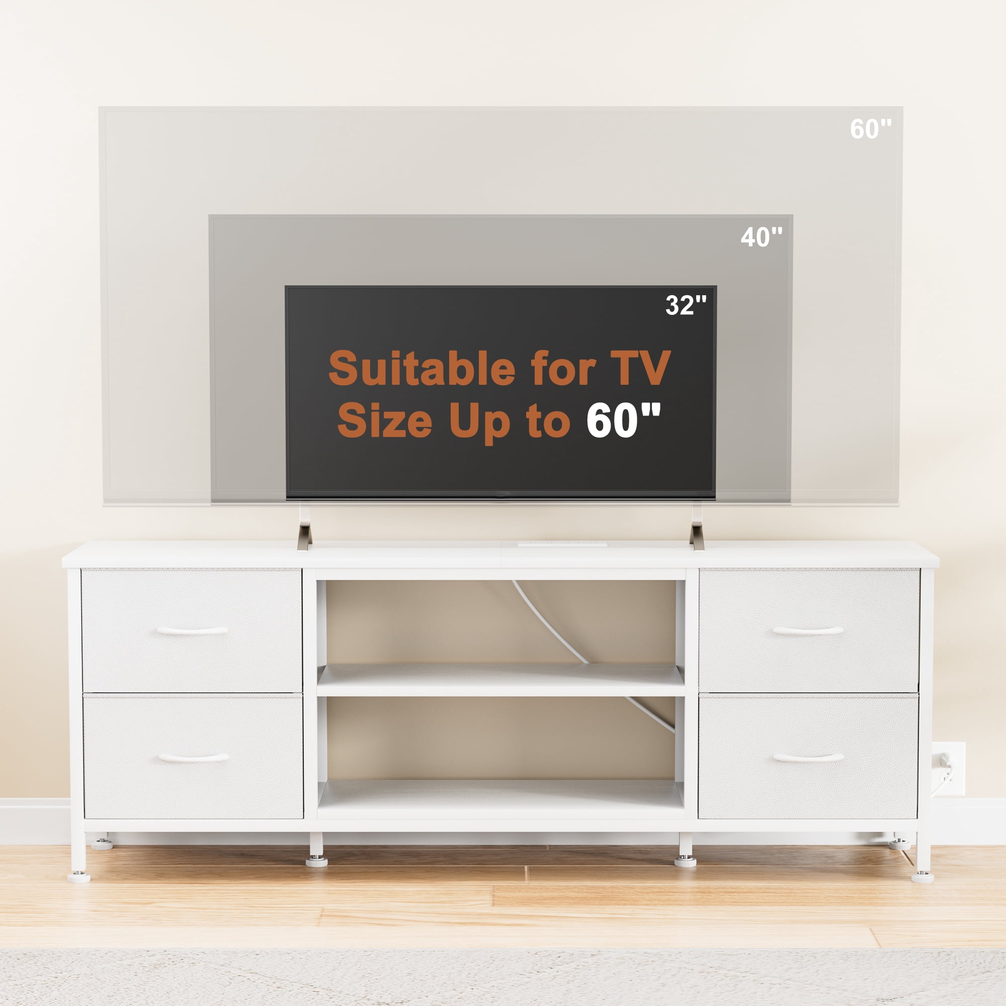 TV Stand for Bedroom, Television Stand for TV up to 60 Inch Entertainment Center Dresser with 4 Drawers Open Storage Shelves for Living Room, Entryway