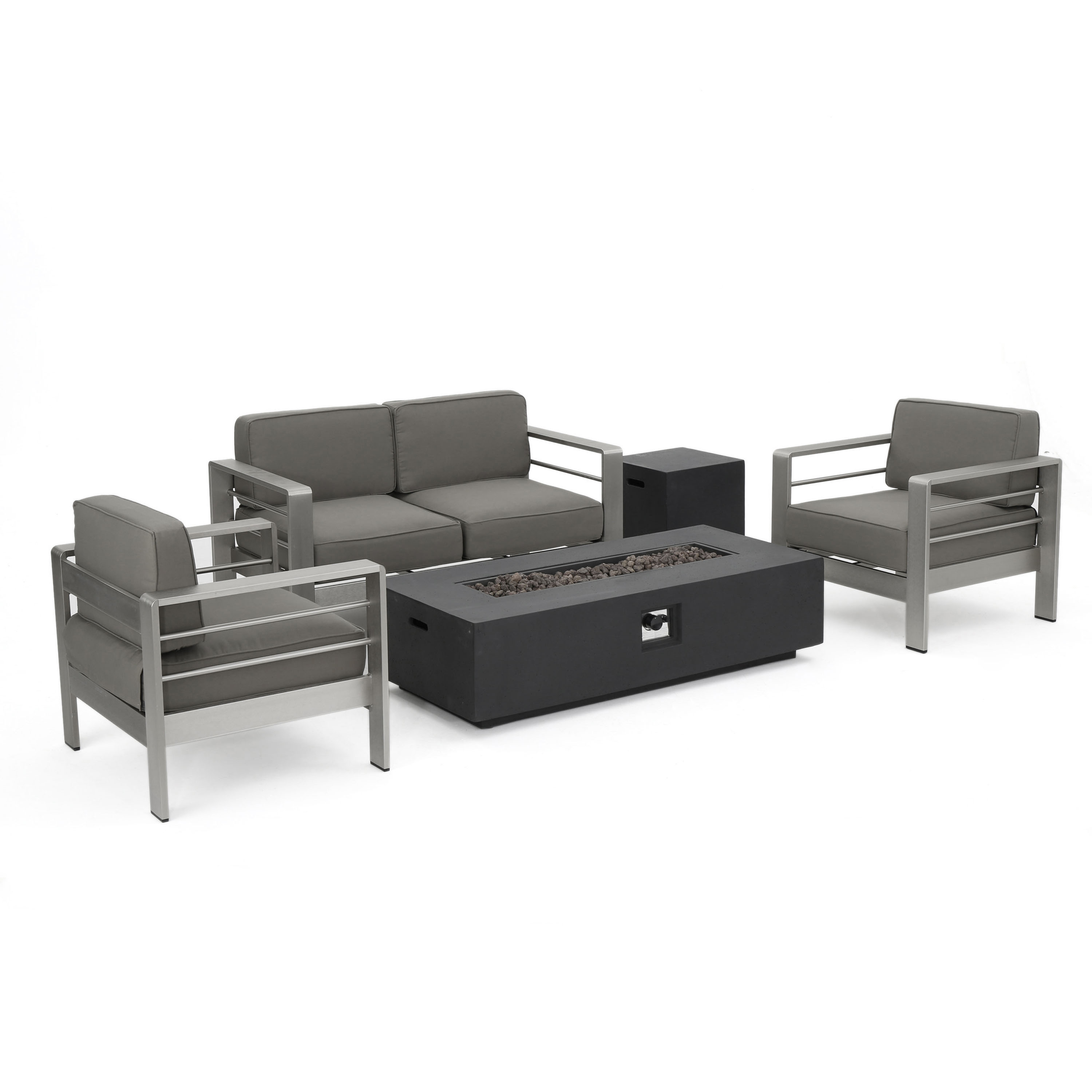 Miller Outdoor Sofa and Chat Sets with a Glass Top Dining Set, Lounges, and a Grey Firepit, Khaki, Silver - image 4 of 11
