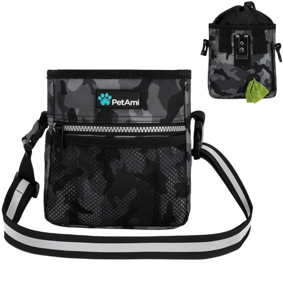 PetAmi Dog Treat Pouch, Pet Treat Pouch For Training, Dog Walking Bag Holder for Kibbles, Pet Food Toy, Dog Trainer Essentials Supplies, Poop Bag Dispenser, 3 Ways to Wear (Camo Black)
